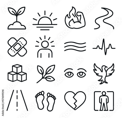 Resilience & Recovery line art icons. growing sprout, sunrise horizon, strength flame, recovery path, healing bandage, inner light, calm waves, steady heartbeat, rebuilding block,