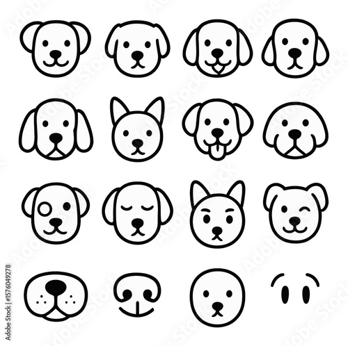 Dog Face Icons line art icons. smiling dog face, serious dog face, cartoon dog, outline puppy, floppy ears, pointy ears, tongue out, snout close-up, monocle dog, sleepy dog, alert