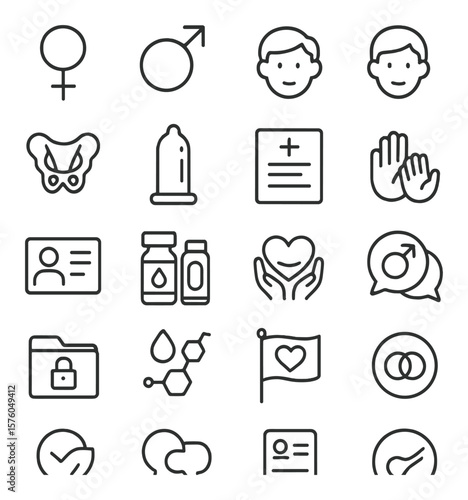 Gender & Sexual Health line art icons. female symbol, male symbol, intersex icon, gender-neutral face, pelvic diagram, safe sex guide, health form, respectful language icon, gender