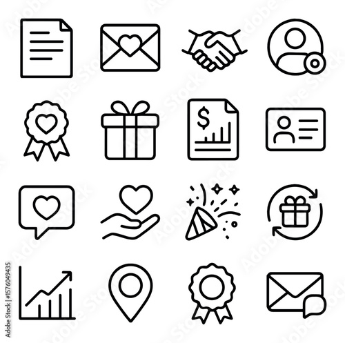 Donor Relations line art icons. thank you letter, heart envelope, handshake deal, donor profile, loyalty badge, gift icon, donor report, contact card, feedback bubble, giving heart