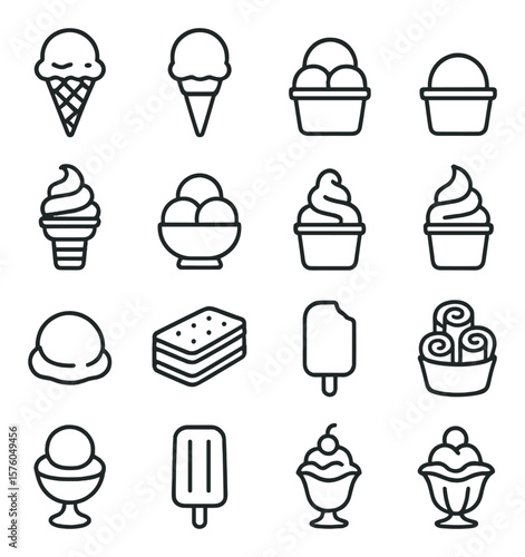 Ice Cream Types line art icons. waffle cone, sugar cone, cake cone, cup, soft serve, scooped ice cream, gelato, frozen yogurt, mochi ice cream, ice cream sandwich, ice cream bar,