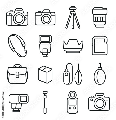 Photography Gear line art icons. DSLR camera, mirrorless camera, tripod, lens, camera strap, flash, lens hood, memory card, camera bag, battery, remote shutter, cleaning kit,