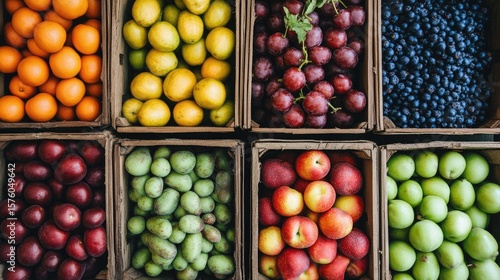 Wooden crates filled with assorted fresh fruits.