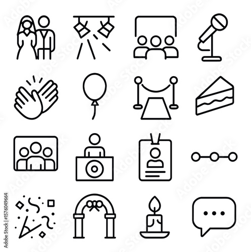 Event Photography line art icons. wedding couple, stage lights, audience view, microphone stand, clapping hands, party balloon, red carpet, cake slice, group photo icon, DJ booth,