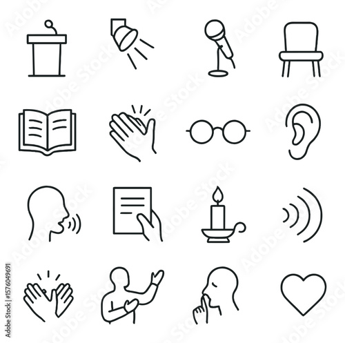 Poetry Reading line art icons. stage podium, spotlight, microphone, audience chair, poetry book, clapping hands, glasses icon, listening ear, speech line, paper in hand, candlelit