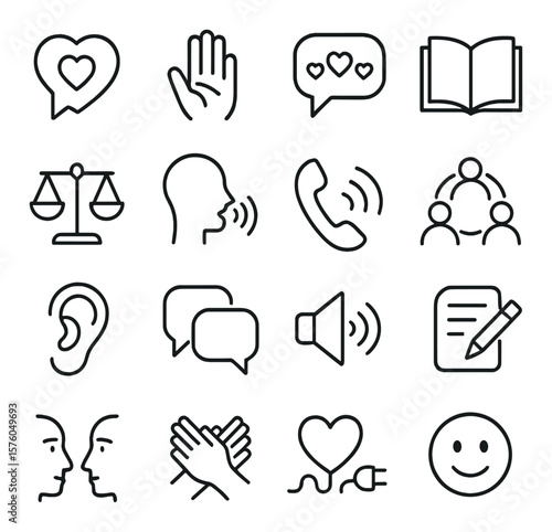 Compassionate Communication line art icons. heart speech bubble, hand gesture, kind words icon, open book, empathy scale, voice wave, phone care call, support circle, ear icon,