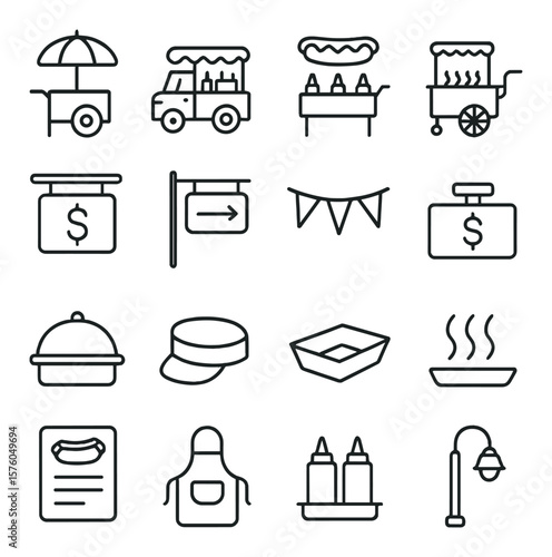 Hot Dog Stands line art icons. cart with umbrella, food truck, condiment table, grill cart, price board, order sign, flag banner, cash box, hot tray, vendor hat, paper tray, steam