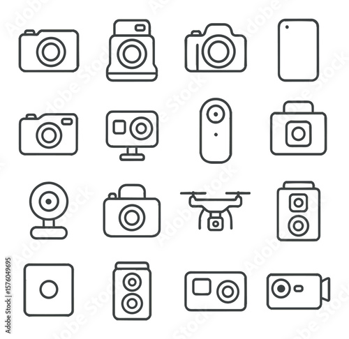Camera Types line art icons. point-and-shoot, instant camera, DSLR, mirrorless, film camera, action cam, 360 camera, smartphone camera, webcam, underwater camera, drone camera,