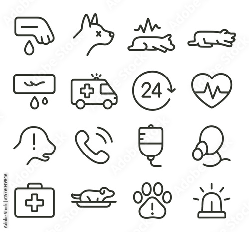 Emergency Vet Situations line art icons. bleeding paw, choking symbol, seizure icon, collapsed dog, open wound, emergency van, 24h sign, rapid heartbeat, vet alert icon, urgent