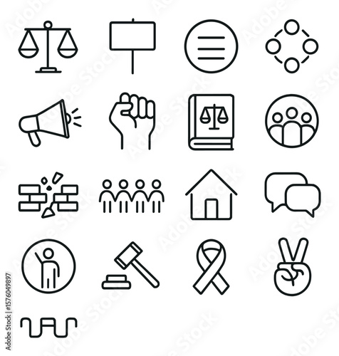 Social Justice line art icons. scales of justice, protest sign, equality symbol, diversity circle, voice icon, fist, law book, community mural, barrier breaking, people chain, fair