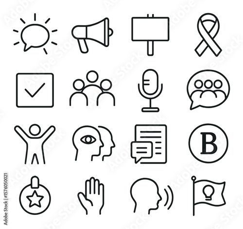 Advocacy & Voice line art icons. speech bubble with rays, megaphone, protest sign, awareness ribbon, vote checkmark, talking circle, microphone icon, open forum, empowered stance,