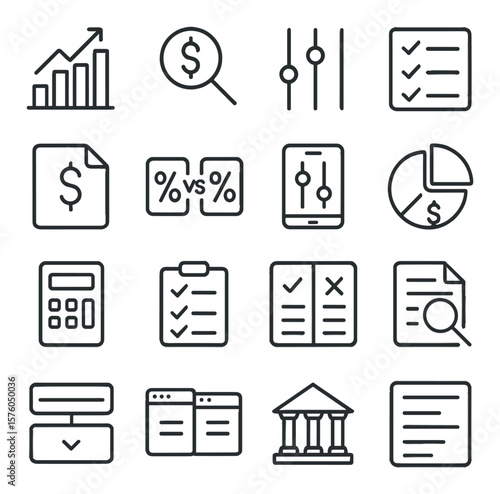 Loan Comparison Tools line art icons. rate chart, loan search icon, comparison slider, feature list, loan offer icons, APR compare, mobile compare app, cost breakdown, loan