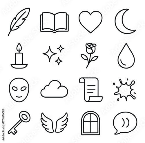 Poetic Symbols line art icons. feather, open book, heart, moon, candle, stars, rose, teardrop, mask, cloud, scroll, ink splash, key, wings, window, whisper bubble.