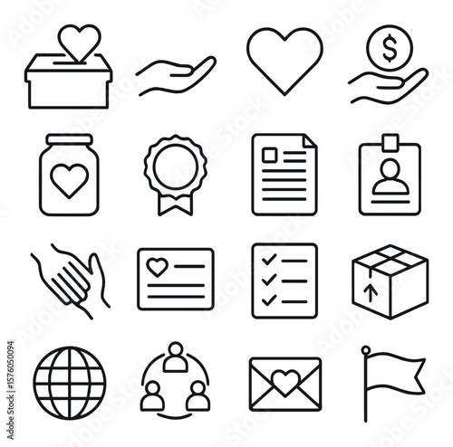 Nonprofit Essentials line art icons. charity box, open hand, heart symbol, donation coin, giving jar, nonprofit badge, paper form, volunteer ID, helping hands, pledge card,