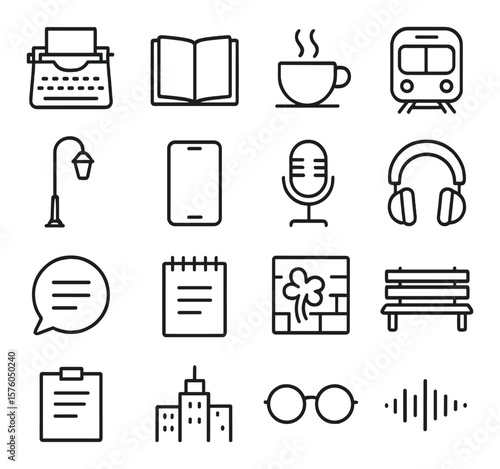 Modern Poetry line art icons. typewriter, journal, coffee cup, subway train, streetlamp, smartphone, microphone, headphones, spoken word bubble, notepad, wall graffiti, bench,