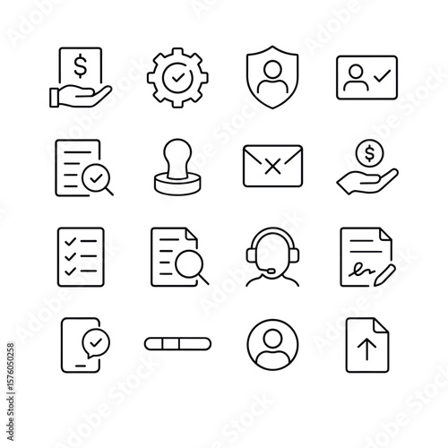 Loan Approval Workflow line art icons. loan request, processing icon, underwriting icon, verification icon, approval stamp, rejection notice, funding icon, document checklist,