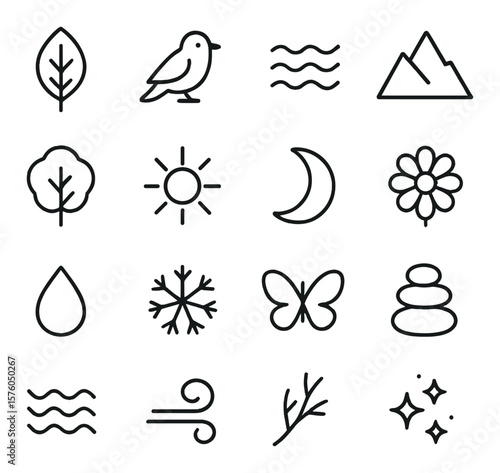 Nature Poetry line art icons. leaf, bird, river, mountain, tree, sun, moon, flower, raindrop, snowflake, butterfly, stone, waves, wind swirl, branch, stars.