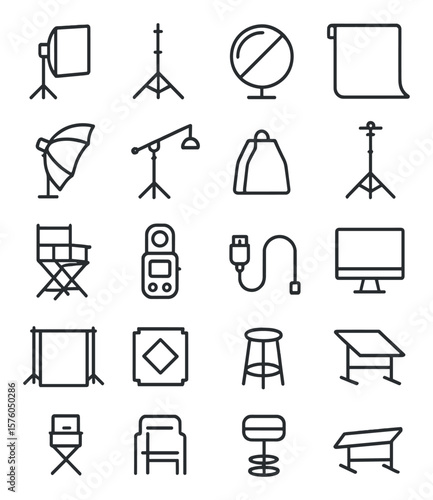 Photography Studio line art icons. softbox, light stand, reflector, backdrop roll, umbrella light, boom arm, sandbag, C-stand, makeup chair, light meter, tether cable, monitor