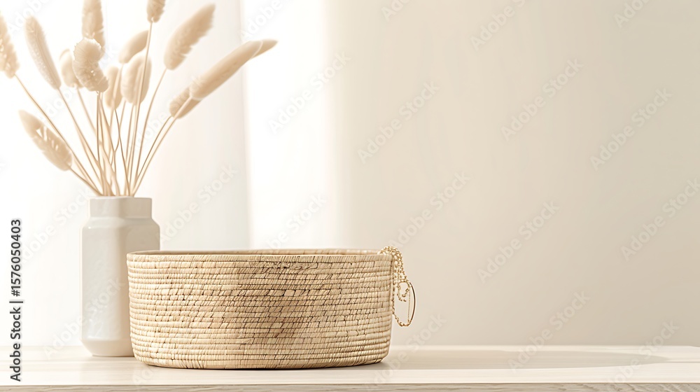 Fototapeta premium Minimalist Home Decor, Vase, Basket, Dried Flowers