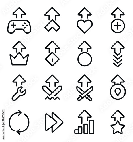 Gaming Arrows line art icons. controller direction arrow, level-up arrow, health boost arrow, score increase arrow, boss path arrow, quest direction, item pickup arrow, inventory