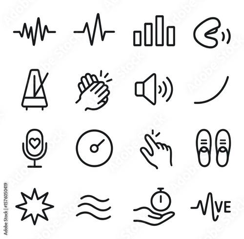 Spoken Word & Rhythm line art icons. sound wave, heartbeat line, rhythm bar, mouth speaking, metronome, clapping hands, voice icon, rising tone, microphone with heart, beat circle,
