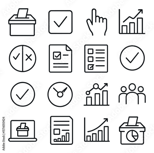 Voting & Polls line art icons. ballot box, checkbox, vote hand, poll bar chart, decision icon, voting paper, poll form, check mark, cross mark, opinion dial, public poll, group