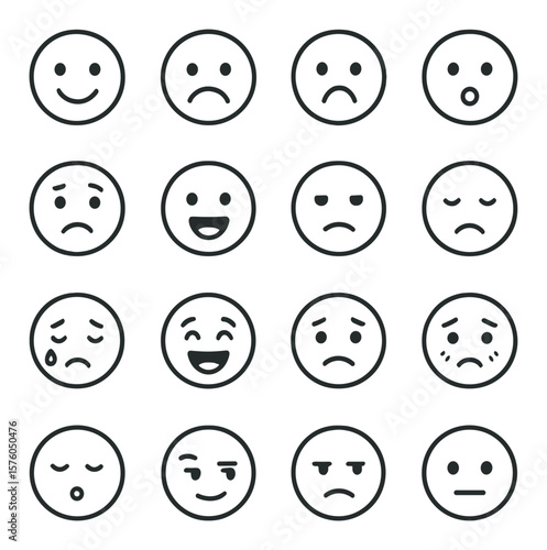 Facial Emotions line art icons. happy, sad, angry, surprised, confused, excited, bored, tired, crying, laughing, worried, embarrassed, sleepy, smug, annoyed, neutral.