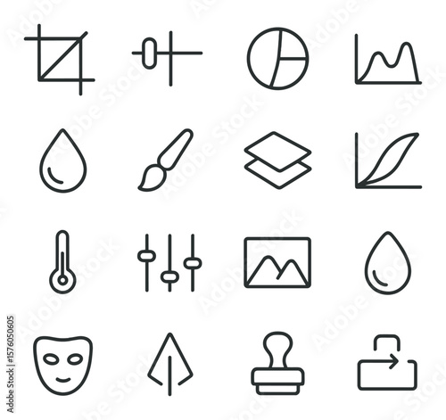 Photo Editing line art icons. crop tool, exposure slider, contrast dial, histogram, color picker, retouch brush, layer icon, curves graph, white balance, filter presets,