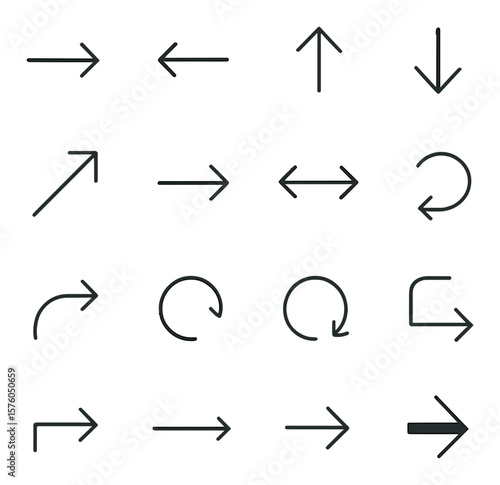 Basic Arrow Types line art icons. right arrow, left arrow, up arrow, down arrow, diagonal up right, diagonal down left, double-headed arrow, curved right arrow, curved left arrow,
