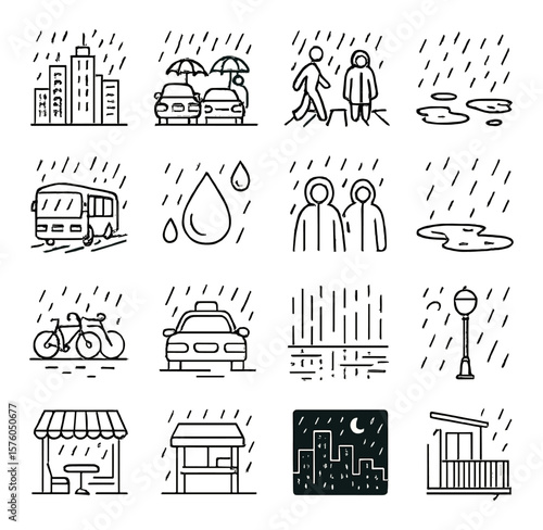 Rain and City Life line art icons. city skyline in rain, traffic with umbrellas, rainy crosswalk, wet pavement, bus in storm, raindrop on window, pedestrians in raincoats, city