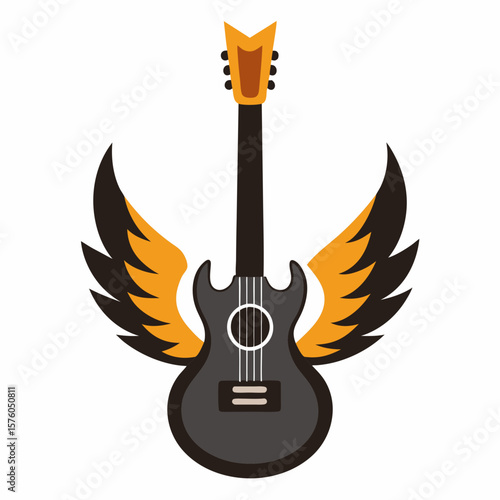 Black electric guitar with orange and black wings on white music instrument