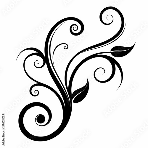 Black floral swirl with leaves on white background flourish