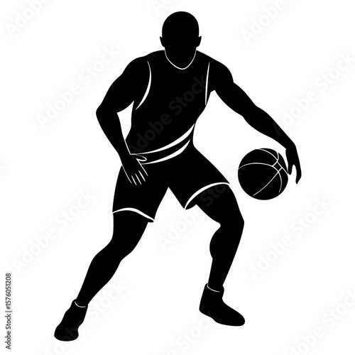 Black silhouette of a basketball player dribbling on white background vector