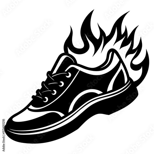 Black running shoe with stylized flames on white background sneaker footwear