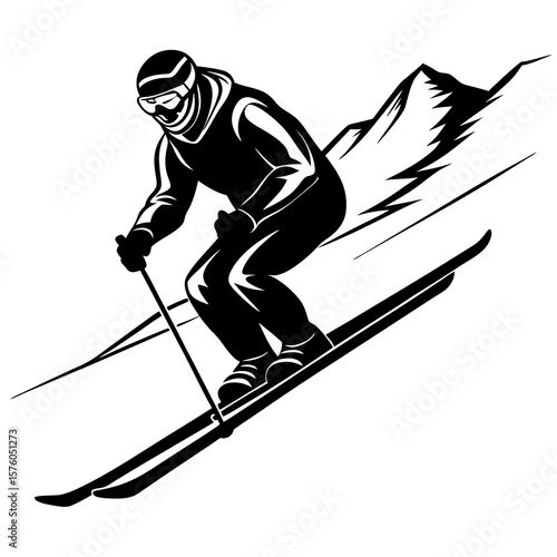 Black silhouette of a skier descending a mountain slope skiing downhill