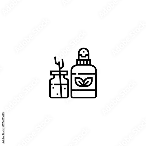 This is a minimalist black-and-white line icon showing two containers: one appears to be a reed diffuser bottle with thin sticks protruding from it, and the other is a pump spray bottle labeled with a