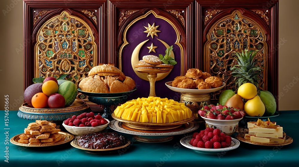 Fototapeta premium Abundant middle eastern iftar feast displayed with traditional islamic decor and fresh fruits and pastries
