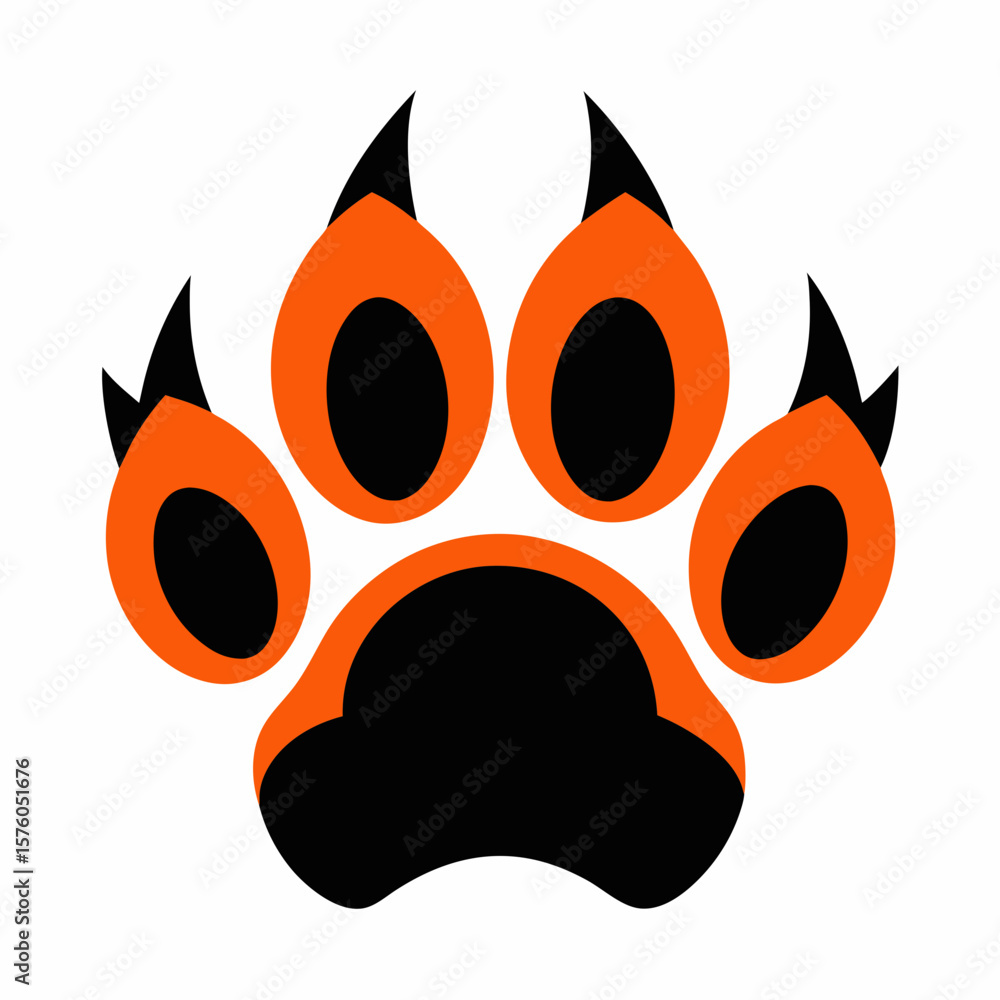 Orange and black bear paw print logo on white background animal Orange and black bear paw print logo on white background animal