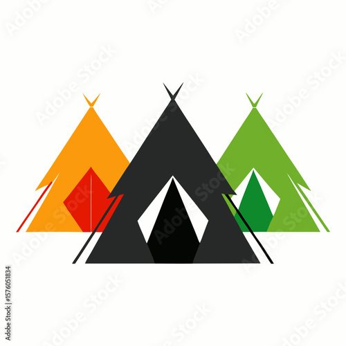 Three colorful teepee tents on a white background camping outdoor