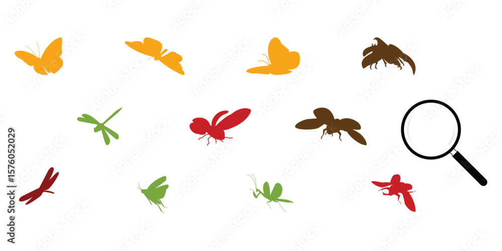 Obraz premium Insect or bug for catching on flying state Icon set collection bold silhouette style. Containing dragonfly, butterfly, grasshopper, praying mantis, lady bug, beetle, and searching magnifying glass