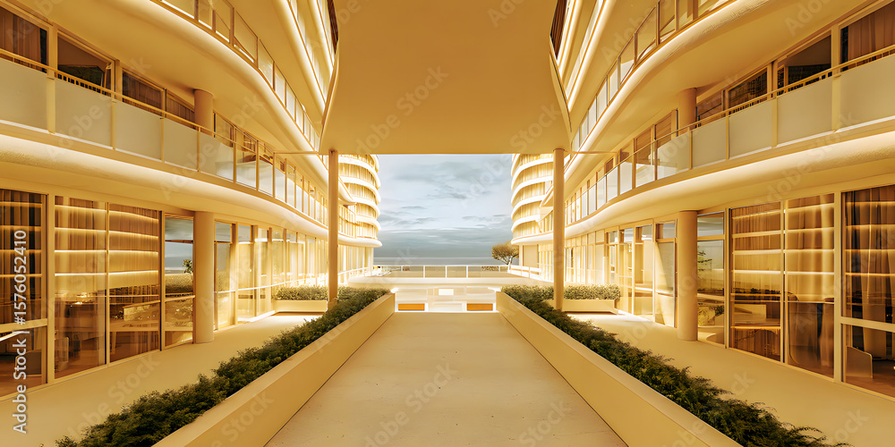 Obraz premium Picturesque futuristic landscape with elegant, minimalistic city skyline in soft light. Calm combination of modern architecture and nature. Relaxation in the hotel, photo with fisheye effect