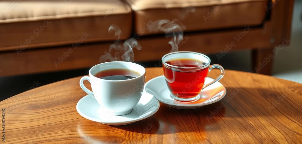 Fototapeta premium Steaming cup of tea rests on a wooden coffee table, mug, interior