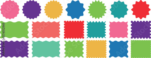 Zig zag Wavy Edge Rectangle, Vector Jagged Geometric Shapes. Oval, Circle Stickers Set. Abstract Elements for Frame, Stamp, Template, Promo Design, Web Design and Social, Set of multicolored vertical,