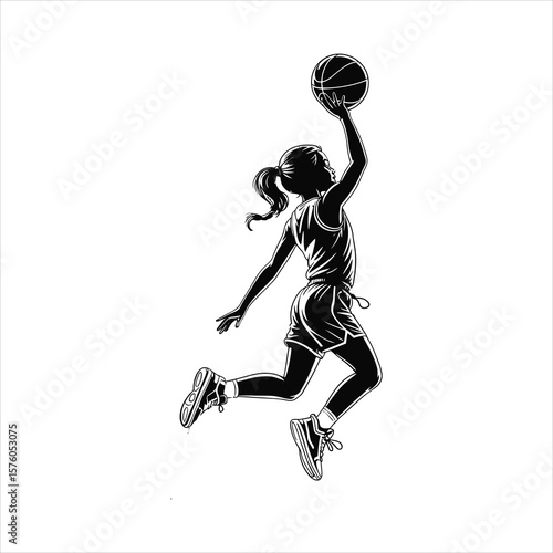 Young female basketball player in mid air dunking the ball silhouette