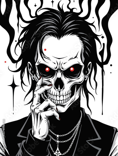 a man with long hair and red eyes, smoking his cigarette in front of him