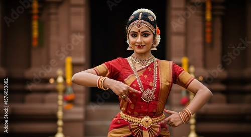 Graceful bharatanatyam dancer in traditional attire, captivating expression and rhythmic movements