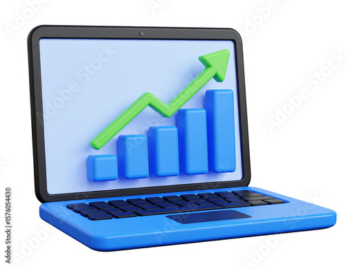 Laptop screen visualizes progressive data with a bold green arrow and rising blue bars for successful analysis.