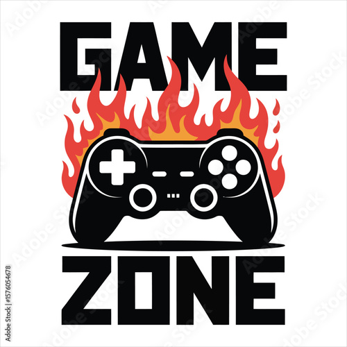 Game zone text with flaming video game controller silhouette