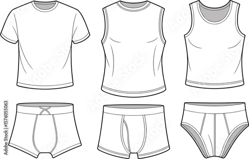 Men’s underwear and vest technical flat sketch, front view, vector apparel template for garment industry, fashion illustration, clothing design