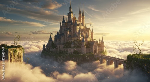 Majestic castle floating on clouds at sunrise fantasy architecture wonderland